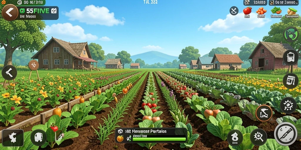 Screenshot gameplay 55FIVE menunjukkan aktivitas bertani yang menarik.