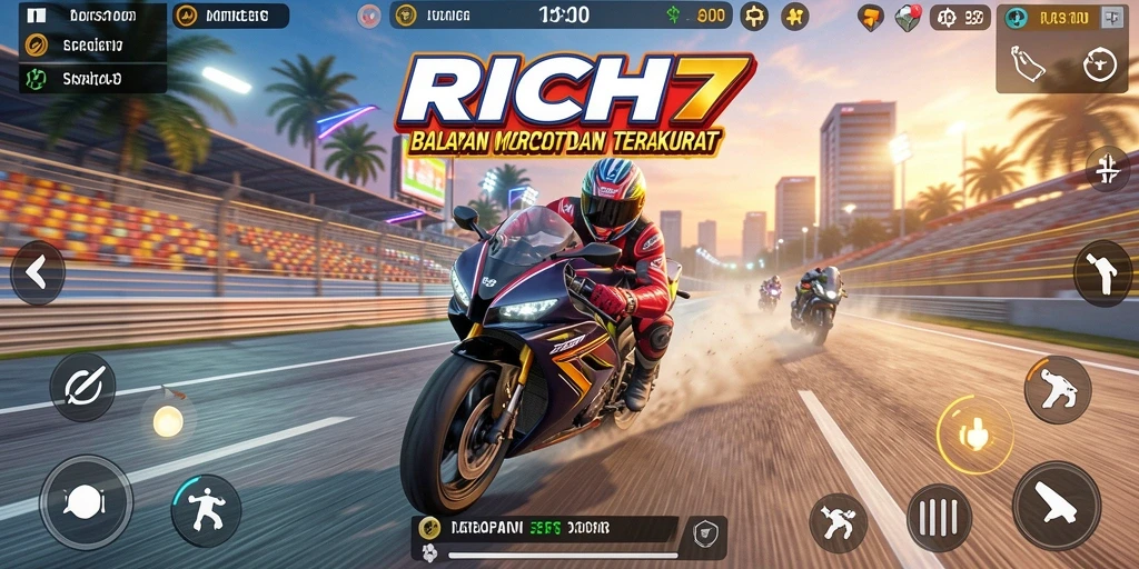 Tampilan gameplay RICH7 yang menegangkan saat balapan motor.